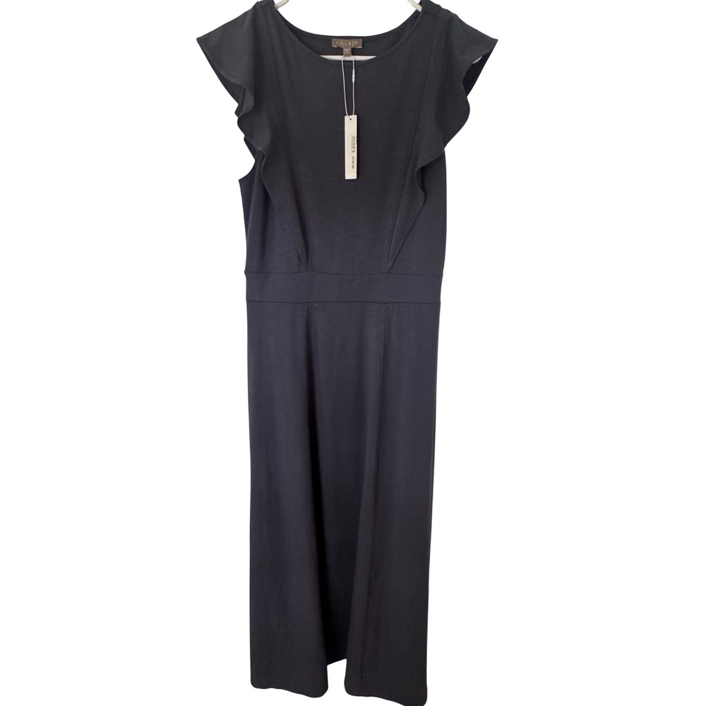 Lilla P Women Black Flutter Ruffle Sleeve Midi Dress Round Neck Size M NWT